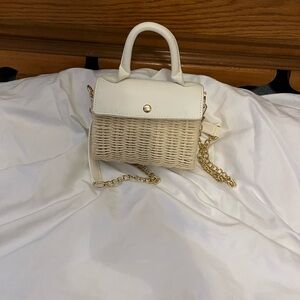 White Mini Bag with Woven Body and Gold Chain